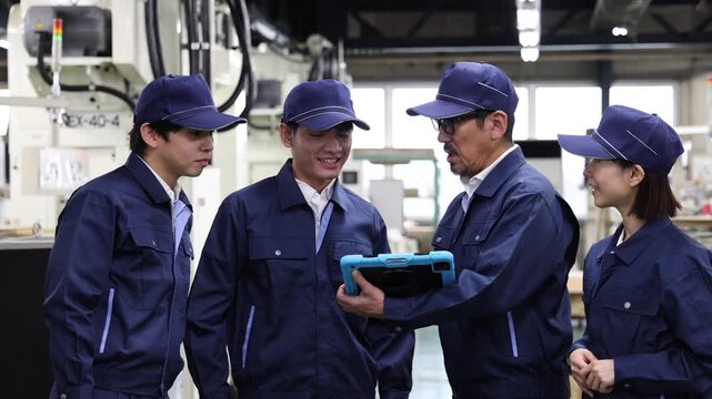 工場内でタブレット端末を使いながら作業内容を確認する多国籍の製造業スタッフ4人