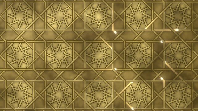Gold Islamic geometric pattern background with light sparks tracing the star lattice, seamless loop