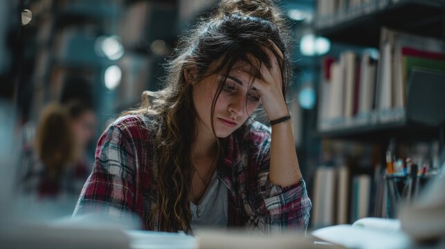 student research sample exam by tablet, prepare for test and learning lessons in the library. stress, despair, haste, misunderstanding reading, discouraged, expectation, knowledge