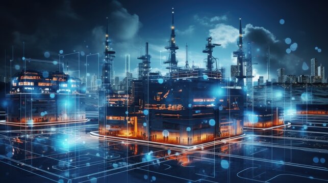 Modern factory, communication network. Telecommunication. IoT, Internet of Things, ICT, Information communication Technology,. Smart factory. Digital transformation, cloud connecting, generate by AI