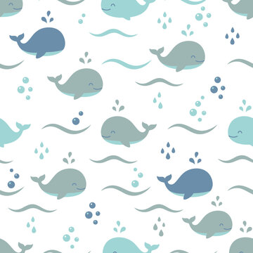 Cute Whale Pattern Seamless Cartoon Illustration Isolated