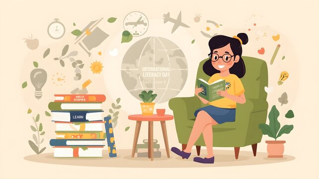 Young person reading book at home for international literacy day global education concept with literacy