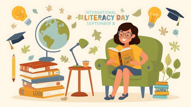 Young person reading book at home for international literacy day global education concept with literacy