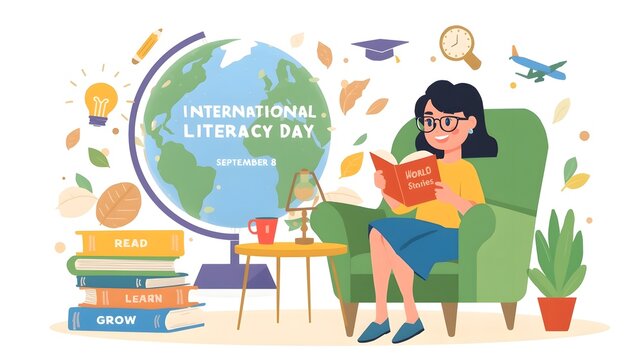 Young person reading book at home for international literacy day global education concept with literacy