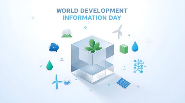 World Development Information Day concept with digital cube growth chart and renewable energy icons