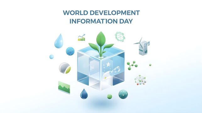 World Development Information Day concept with digital cube growth chart and renewable energy icons