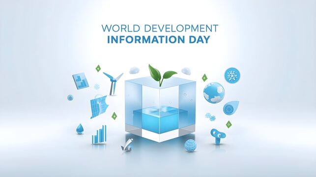 World Development Information Day concept with digital cube growth chart and renewable energy icons