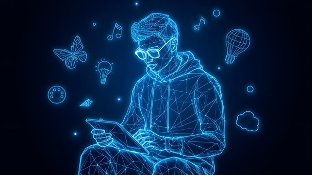 Creative youth using digital tablet with holographic icons representing ideas and art. low poly futuristic world youth skills day, creative, technology. low poly futuristic world youth skills day