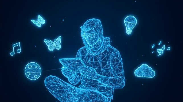 Creative youth using digital tablet with holographic icons representing ideas and art. low poly futuristic world youth skills day, creative, technology. low poly futuristic world youth skills day