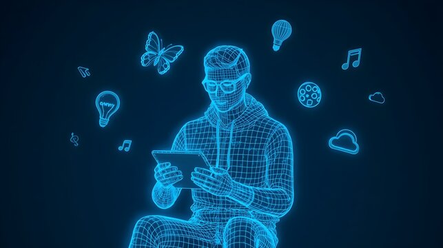 Creative youth using digital tablet with holographic icons representing ideas and art. low poly futuristic world youth skills day, creative, technology. low poly futuristic world youth skills day