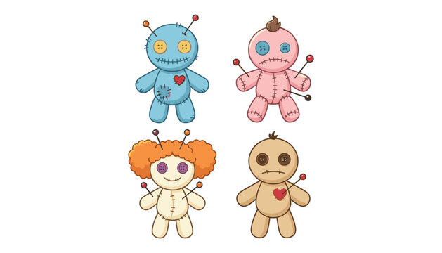 Voodoo doll cartoon vector character set. Magic, spooky, Halloween, needle, button, fabric, stitching, heart and stitch elements.