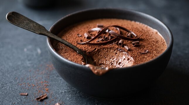 Dark chocolate mousse with shavings in a bowl with a spoon with topped shavings