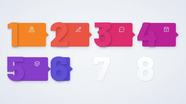 Eight step infographic template with numbered color tabs and line icons appearing one by one on light gray