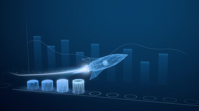 Wireframe rocket launching along an exponential growth curve as a blue hologram bar chart rises