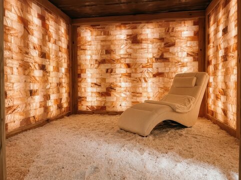 Halotherapy Salt Room with Relaxation Chair in Warm Amber Spa Interior for Wellness