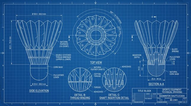 Technical Drawing of Badminton Shuttlecock on Blue Background Blueprint