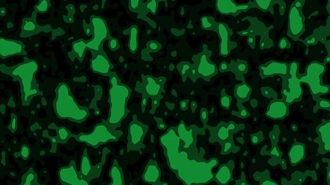 Abstract green camouflage pattern morphing and pulsating seamlessly on black backdrop