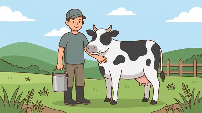 Smiling farmer with milk bucket petting a friendly dairy cow in green countryside pasture, cartoon flat illustration