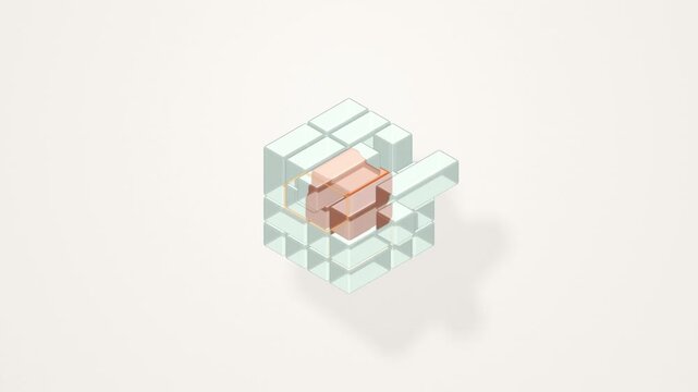 Isometric glass blocks assembling around an orange cube core, then expanding into a hexagonal block pattern