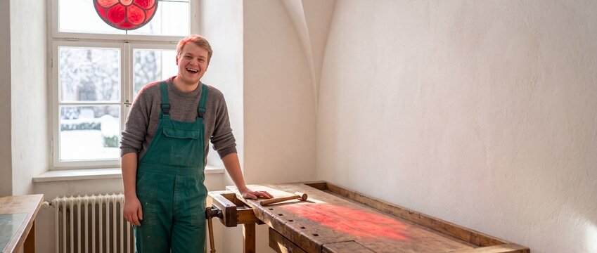 Lachender Glasrestaurator nach erfolgreicher Arbeit am Kirchenfenster