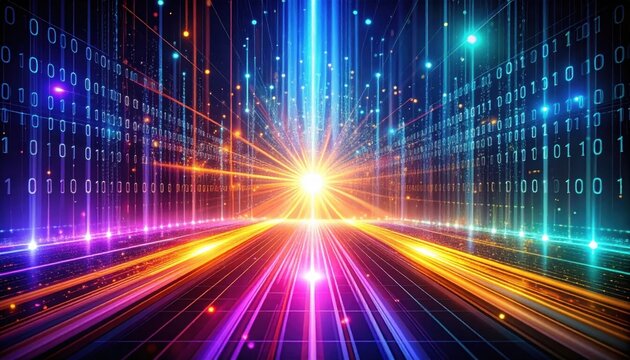 Abstract big data visualization with neon light streams, binary code matrix, fast data processing, digital network technology background, and futuristic artificial intelligence analytics.