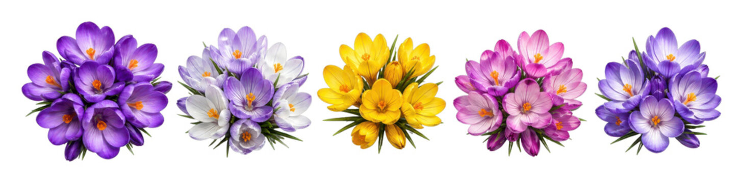 Set of colorful crocus flowers PNG isolated on transparent background