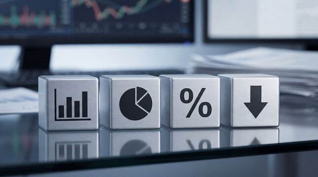 Metallic cubes with bar chart, pie chart, percent sign and downward arrow symbols on a reflective desk in a financial office, illustrating market decline