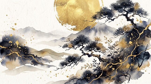 和紙のような豊かな風合いの背景に、昇る大きな黄金の満月と、金継ぎのような輝く流線が山肌を巡る壮大な和モダンアート