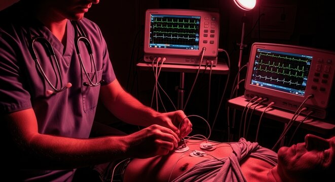 Doctor monitors patient's heartbeat on EKG machine in dimly lit room with red emergency lighting