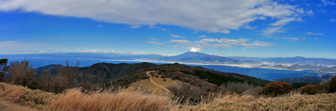 伊豆半島の伊豆山稜線歩道　金冠山山頂から望む富士山　パノラマ写真
