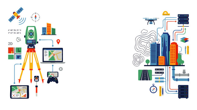 Vibrant isometric illustration of modern geospatial technology and surveying equipment with futuristic digital twin mapping, concept for civil engineering, geodesy, and smart infrastructure