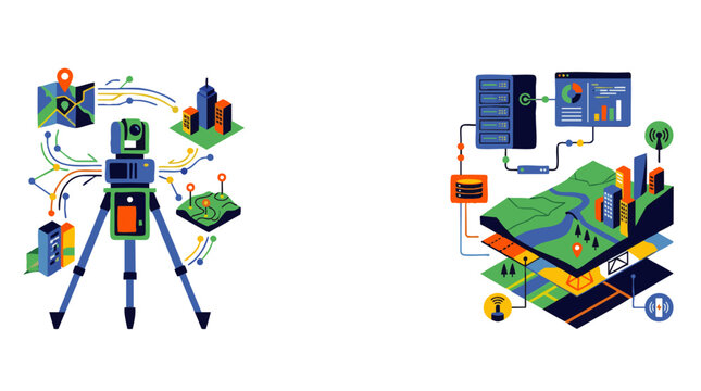 Precision isometric illustration of advanced geospatial surveying and digital twin mapping technologies, concept for civil engineering, urban planning, and modern infrastructure development