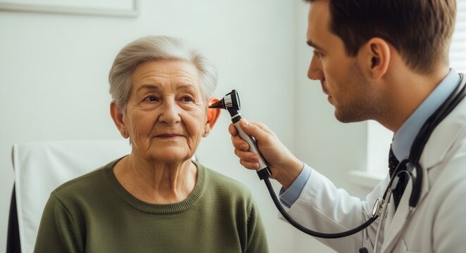 Doctor examining senior woman's ear with otoscope during medical check-up