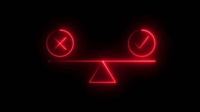 Glowing blue neon balance scale icon featuring a checkmark and cross symbols, representing decision making, right and wrong choices, comparison, evaluation, approval, rejection, and balanced judgment.