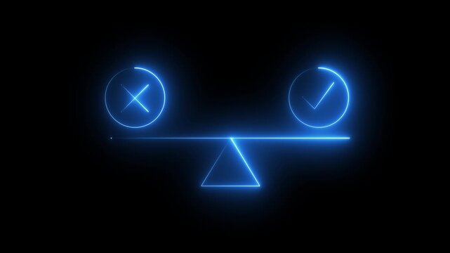 Glowing blue neon balance scale icon featuring a checkmark and cross symbols, representing decision making, right and wrong choices, comparison, evaluation, approval, rejection, and balanced judgment.