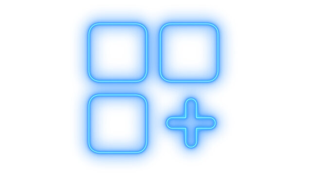 Glowing neon add widget grid icon isolated on transparent background. Mobile application menu. Dashboard layout. Insert element sign. Plus button.