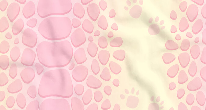 Soft abstract pattern of pink organic shapes and paw prints on a creased cream fabric texture