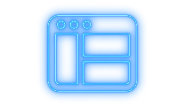 Glowing neon website layout icon isolated on transparent background. Browser window. Webpage wireframe. Dashboard UI template. Digital interface.
