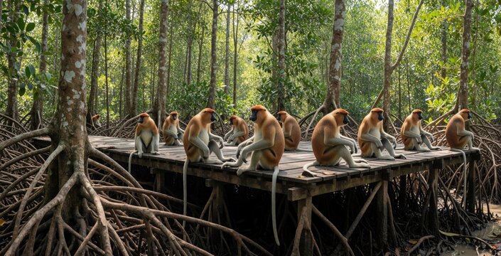 Group of proboscis monkeys sit on wooden platform in tropical mangrove forest. Long nose primates rest among mangrove tree roots in Borneo jungle. Wild bekantan mammals relax in nature habitat during