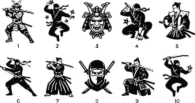 Set of black and white ninja and samurai warrior vector silhouettes for martial arts designs