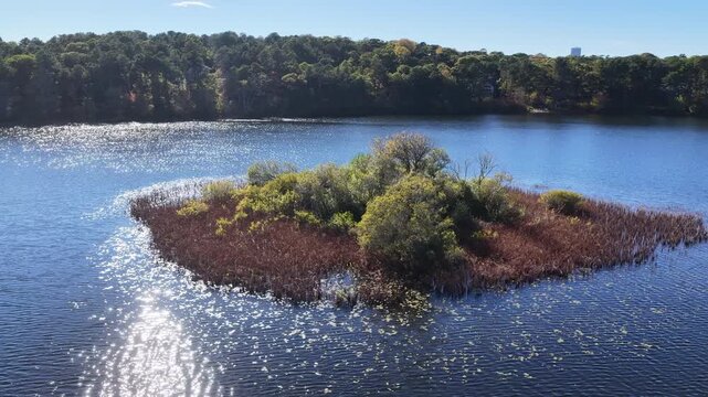 Colorful autumn foliage is found fringing Pilgrim Lake in Orleans, Massachusetts. This scenic destination is on the outer part of Cape Cod, not far from the Atlantic Ocean.