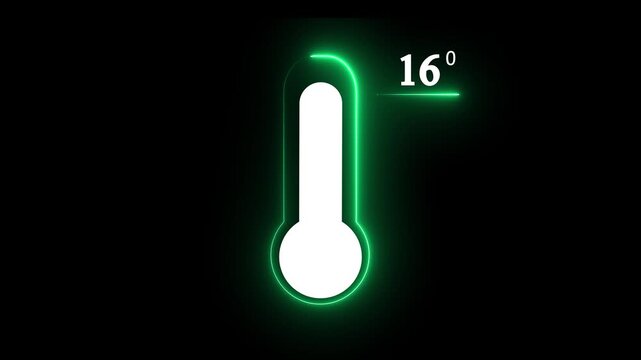 Neon glowing medical thermometer icon animation. That's indicates weather temperature 16 degree increase or decline. Thermometer equipment showing hot.4k video