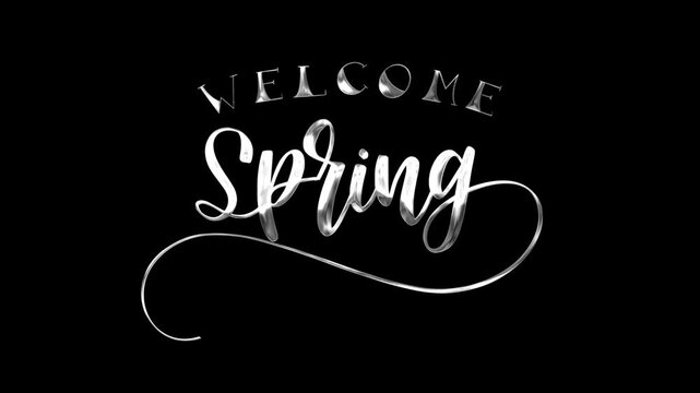 Silver welcome spring typography glows through animated highlights against stark black, ideal for seasonal greetings, social media, invitations, and promotions.