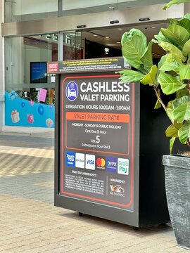 PENANG, MALAYSIA - OCTOBER 9, 2026: Cashless Valet Parking Signage at Gurney Plaza Penang Malaysia