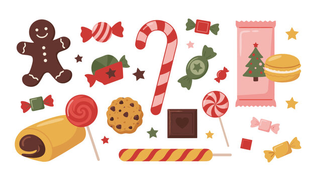 Christmas sweet food candy vector illustration set. Gingerbread man, candy cane, chocolate, cookie, lollipop and macaron.