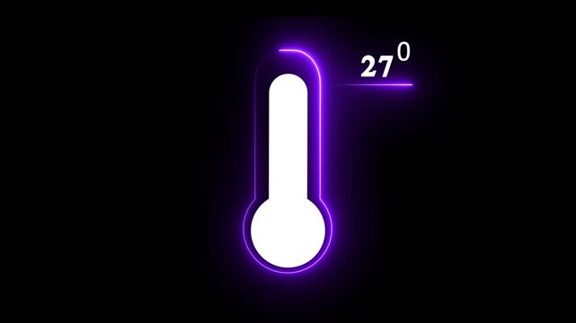 Neon glowing medical thermometer icon animation. That's indicates weather temperature 27 degree increase or decline. Thermometer equipment showing hot.4k video