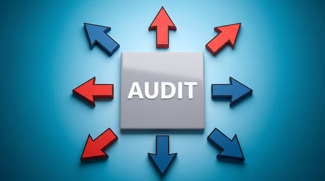 Modern graphic showing audit process with directional arrows around central word