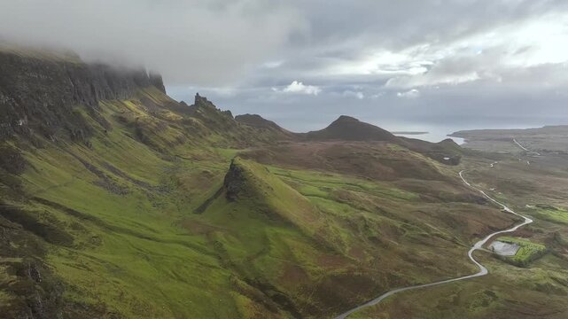 Aerial autumn view over Quiraing from a drone, Meall na Suiramach, Trotternish, Isle of Skye, Scotland, UK
