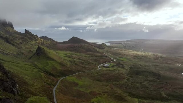 Aerial autumn view over Quiraing from a drone, Meall na Suiramach, Trotternish, Isle of Skye, Scotland, UK