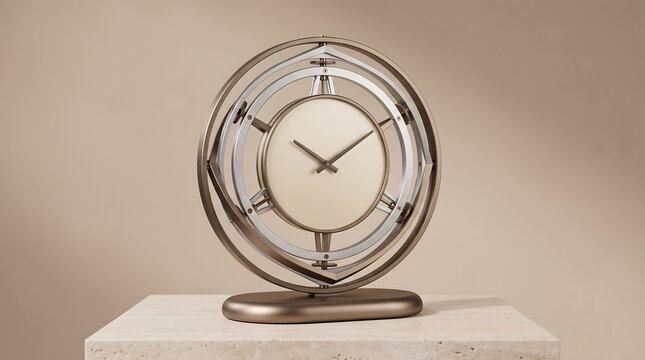 Modern Gyroscope Desk Clock with Metallic Gimbal Rings on Stone Pedestal